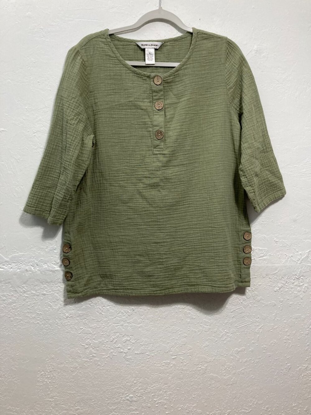 Drapers and Damons Gauzy Cotton Top Green 3/4 Sleeves Lagenlook Resort Wear L